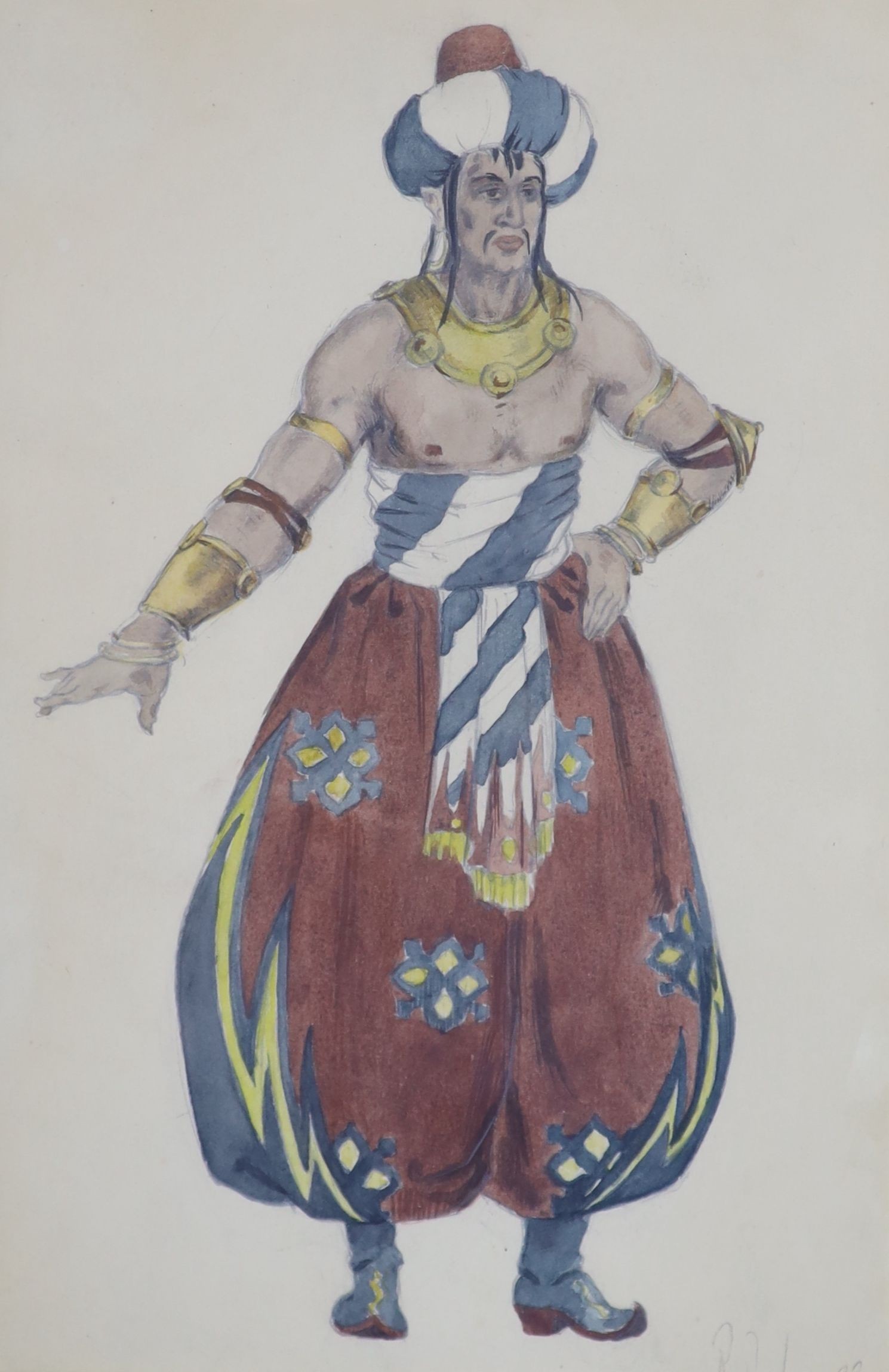 Four opera or theatre costume designs, pencil and watercolour, one indistinctly signed and dated ‘33’, largest 26 x 16.5 cm